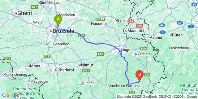 Map: Brussels Zaventem Airport (BRU) to Cahay