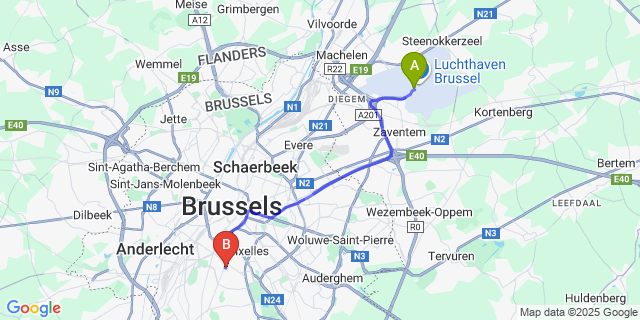 Map: Brussels Zaventem Airport (BRU) to Catalonia Brussels