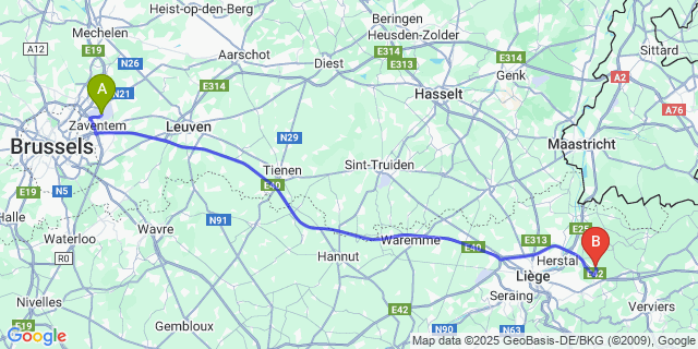 Map: Brussels Zaventem Airport (BRU) to Cerexhe-Heuseux