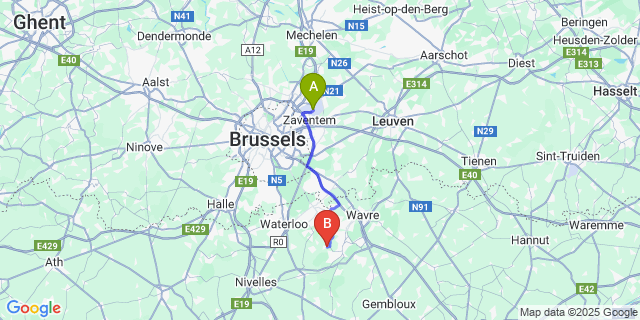Map: Brussels Zaventem Airport (BRU) to Ceroux-Mousty