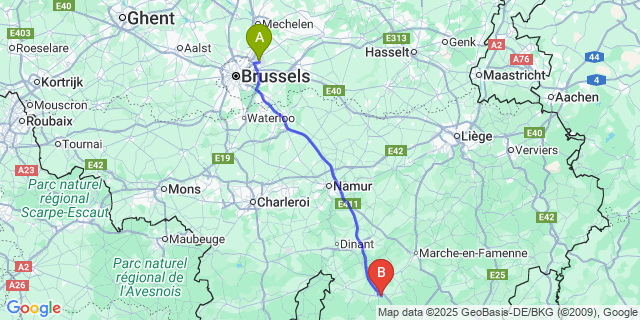 Map: Brussels Zaventem Airport (BRU) to Chanly