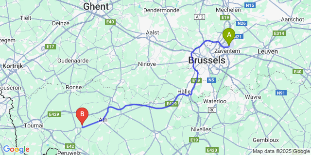Map: Brussels Zaventem Airport (BRU) to Chapelle-à-Wattines