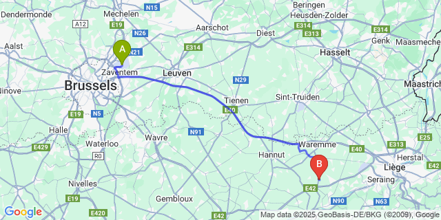 Map: Brussels Zaventem Airport (BRU) to Chapon-Seraing