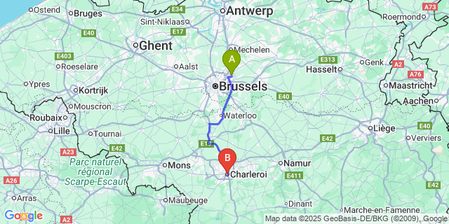 Map: Brussels Zaventem Airport (BRU) to Charleroi