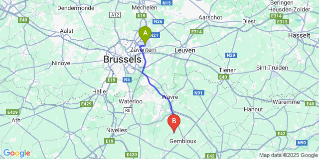 Map: Brussels Zaventem Airport (BRU) to Chastre-Villeroux-Blanmont