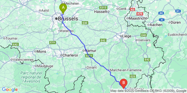 Map: Brussels Zaventem Airport (BRU) to Chenogne