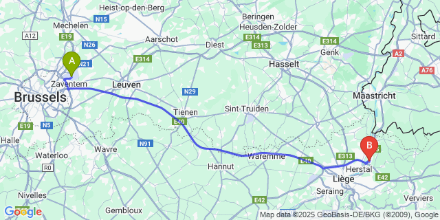 Map: Brussels Zaventem Airport (BRU) to Cheratte