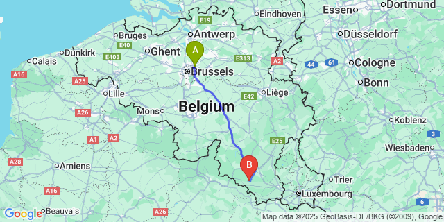 Map: Brussels Zaventem Airport (BRU) to Chiny