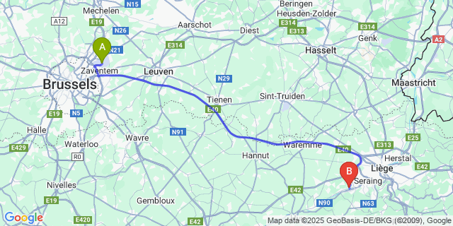 Map: Brussels Zaventem Airport (BRU) to Chokier