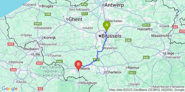Map: Brussels Zaventem Airport (BRU) to Ciply