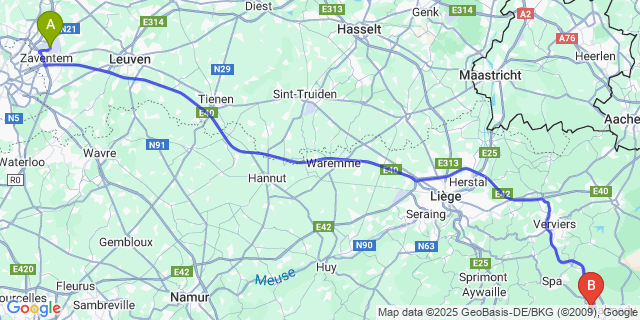 Map: Brussels Zaventem Airport (BRU) to Circuit of Spa-Francorchamps