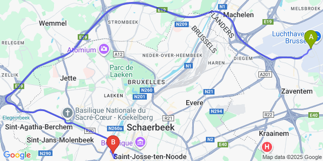 Map: Brussels Zaventem Airport (BRU) to Citadines Apart’hotel Sainte-Catherine Brussels