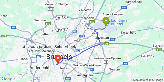 Map: Brussels Zaventem Airport (BRU) to Citadines Apart’hotel Toison d’Or Brussels
