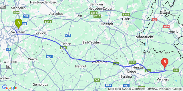 Map: Brussels Zaventem Airport (BRU) to Clermont-Sur-Berwinne