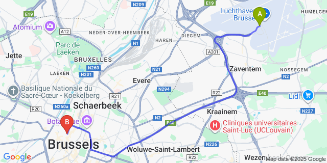 Map: Brussels Zaventem Airport (BRU) to Continental, Brussels