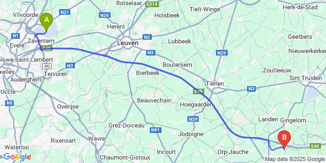 Map: Brussels Zaventem Airport (BRU) to Cras-Avernas