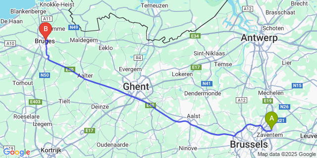 Map: Brussels Zaventem Airport (BRU) to De Driekoningen
