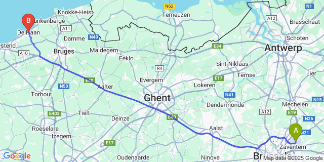 Map: Brussels Zaventem Airport (BRU) to De Haan