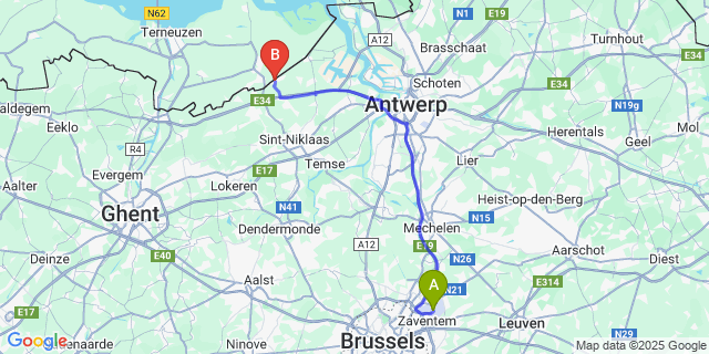 Map: Brussels Zaventem Airport (BRU) to De Klinge
