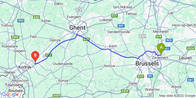 Map: Brussels Zaventem Airport (BRU) to Deerlijk