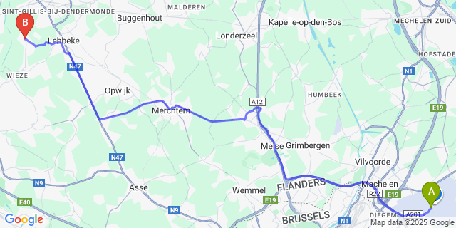 Map: Brussels Zaventem Airport (BRU) to Denderbelle
