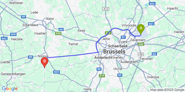 Map: Brussels Zaventem Airport (BRU) to Denderwindeke