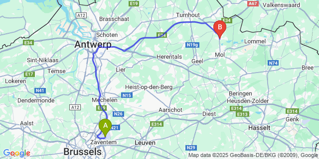 Map: Brussels Zaventem Airport (BRU) to Dessel