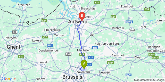 Map: Brussels Zaventem Airport (BRU) to Deurne