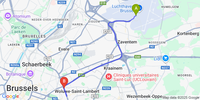 Map: Brussels Zaventem Airport (BRU) to Diamant Suites Brussels EU
