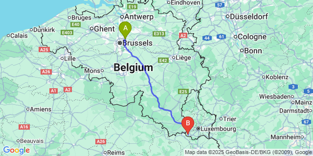 Map: Brussels Zaventem Airport (BRU) to Differdange