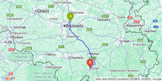 Map: Brussels Zaventem Airport (BRU) to Dinant