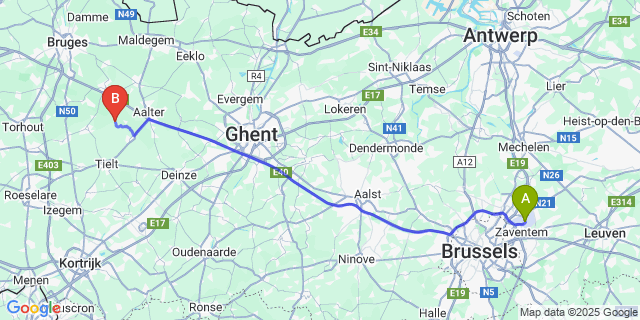 Map: Brussels Zaventem Airport (BRU) to Doomkerke