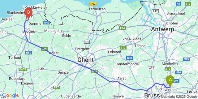Map: Brussels Zaventem Airport (BRU) to Dudzele