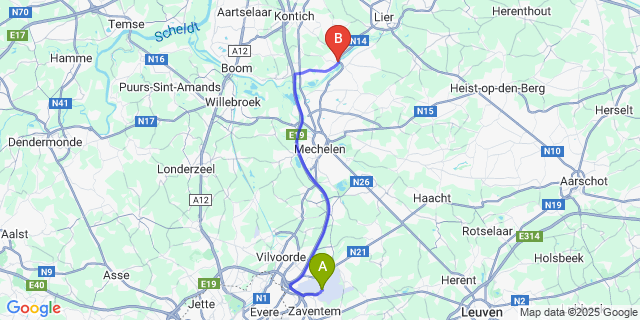 Map: Brussels Zaventem Airport (BRU) to Duffel