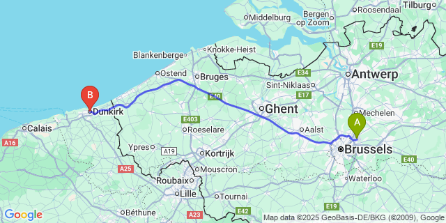 Map: Brussels Zaventem Airport (BRU) to Dunkirk