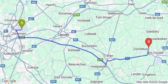 Map: Brussels Zaventem Airport (BRU) to Duras