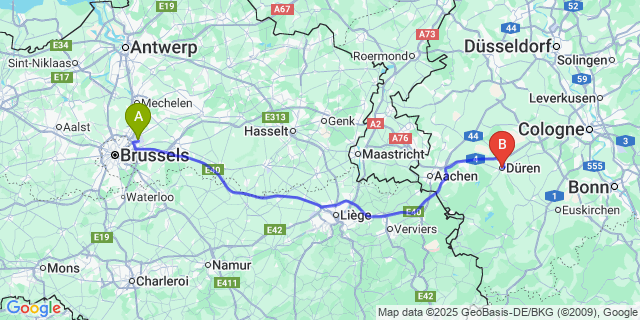 Map: Brussels Zaventem Airport (BRU) to Düren