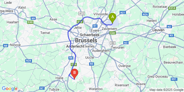 Map: Brussels Zaventem Airport (BRU) to Dworp
