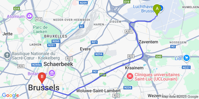 Map: Brussels Zaventem Airport (BRU) to easyHotel Brussels City Centre