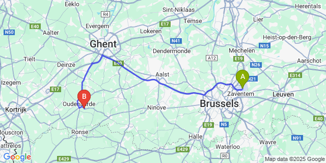 Map: Brussels Zaventem Airport (BRU) to Edelare
