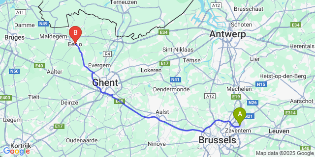 Map: Brussels Zaventem Airport (BRU) to Eeklo