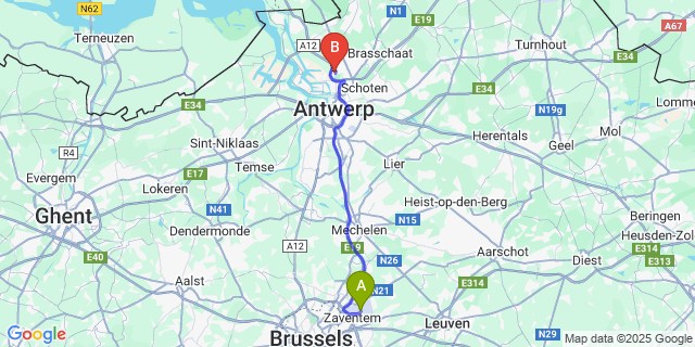 Map: Brussels Zaventem Airport (BRU) to Ekeren