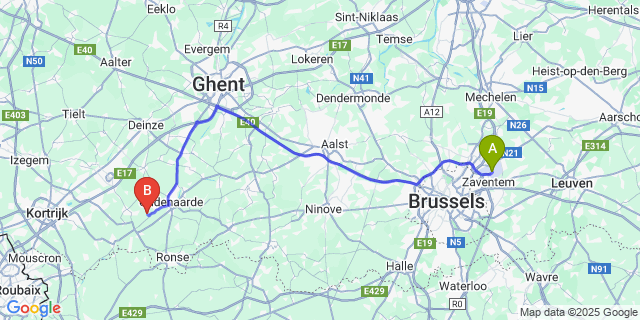 Map: Brussels Zaventem Airport (BRU) to Elsegem
