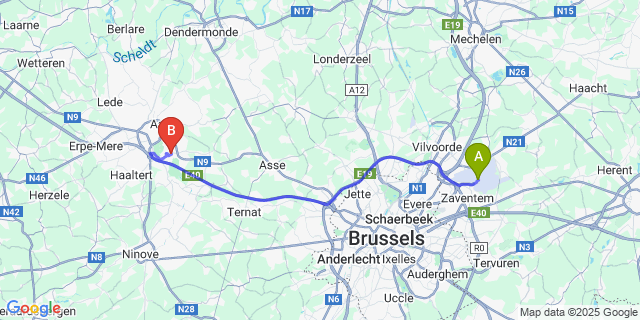 Map: Brussels Zaventem Airport (BRU) to Erembodegem