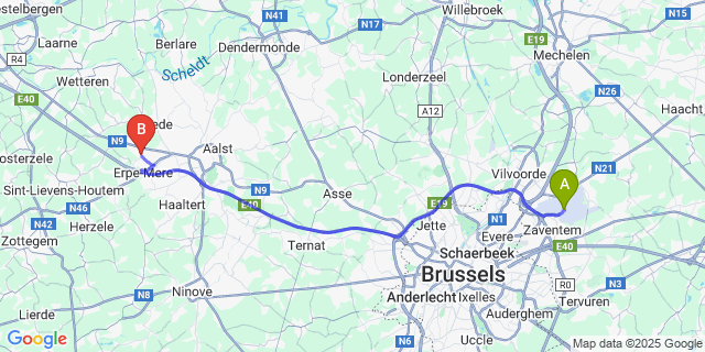 Map: Brussels Zaventem Airport (BRU) to Erondegem