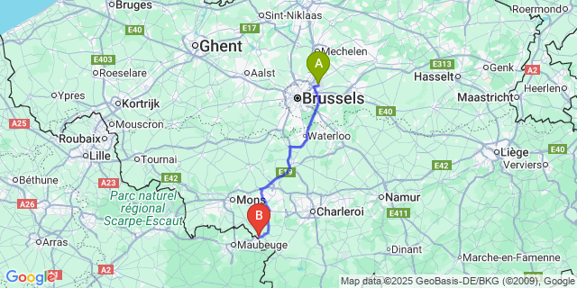 Map: Brussels Zaventem Airport (BRU) to Erquelinnes