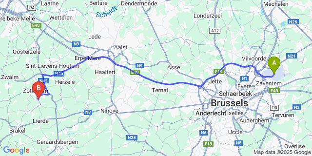 Map: Brussels Zaventem Airport (BRU) to Erwetegem