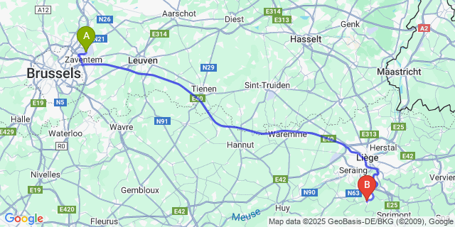 Map: Brussels Zaventem Airport (BRU) to Esneux