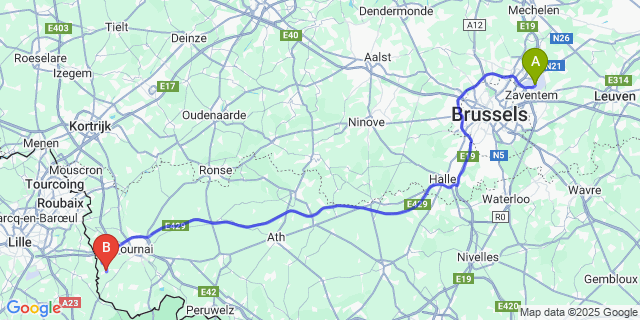Map: Brussels Zaventem Airport (BRU) to Esplechin
