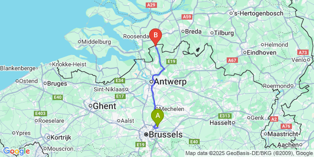 Map: Brussels Zaventem Airport (BRU) to Essen Belgium